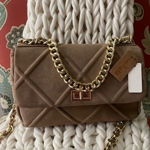 👜 Suede Diamond Quilted Taupe Chain Bag Purse NWT!